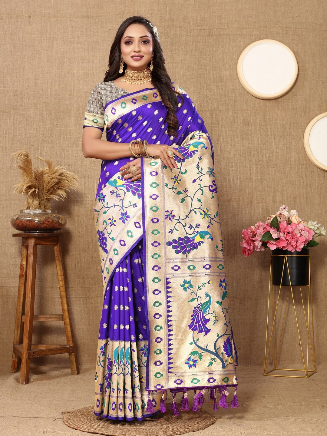 

Divyadham Textiles Woven Design Zari Pure Silk Ready to Wear Paithani Saree, Blue