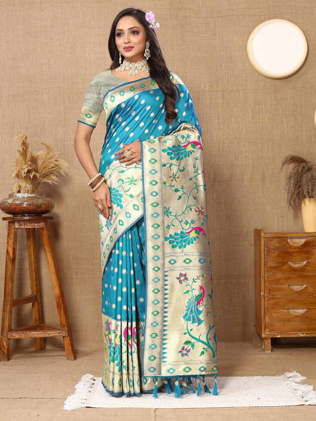 

Divyadham Textiles Ethnic Motifs Zari Pure Silk Paithani Saree, Turquoise blue