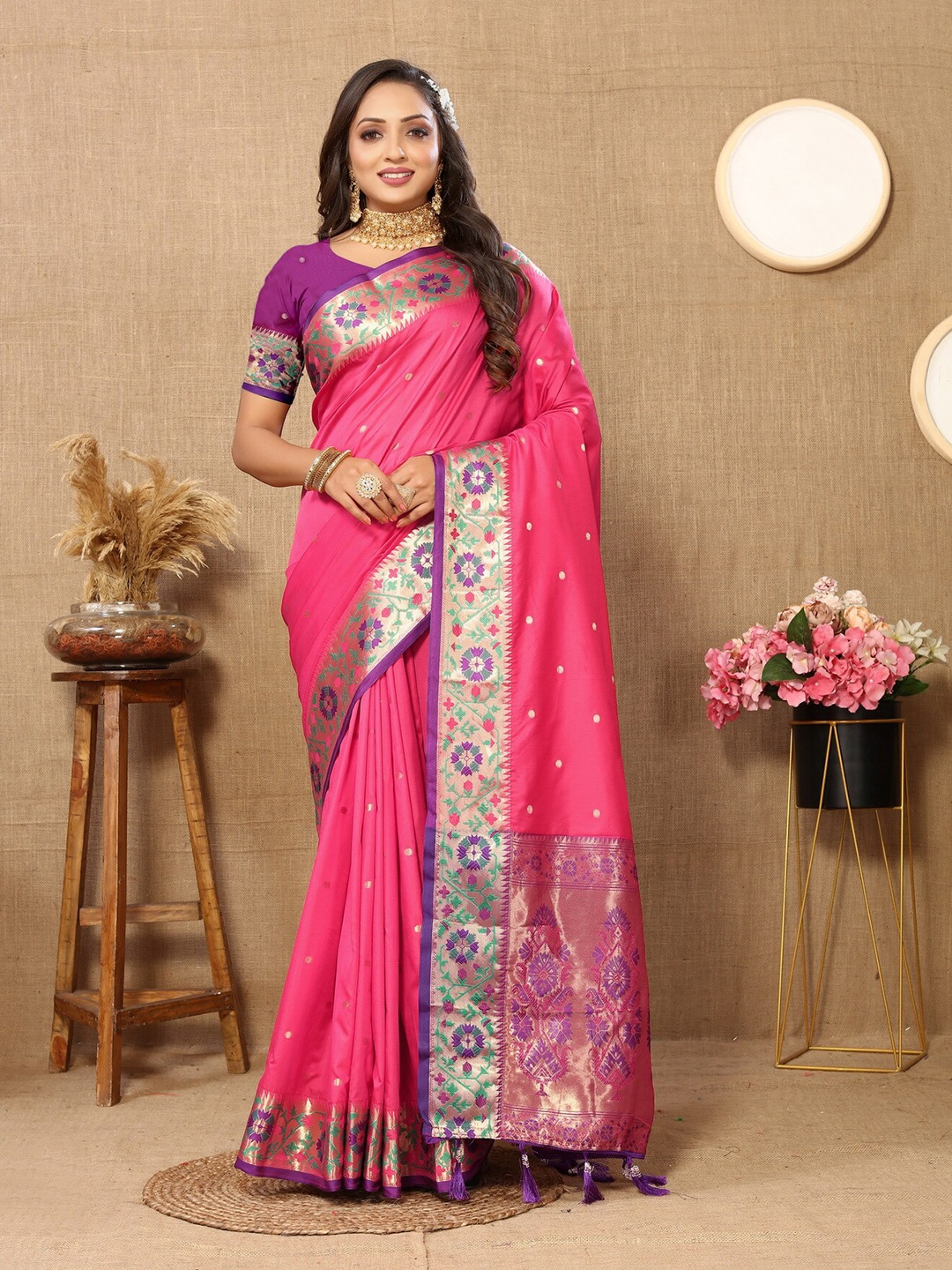 

Divyadham Textiles Ethnic Motifs Zari Pure Silk Paithani Banarasi Saree, Coral