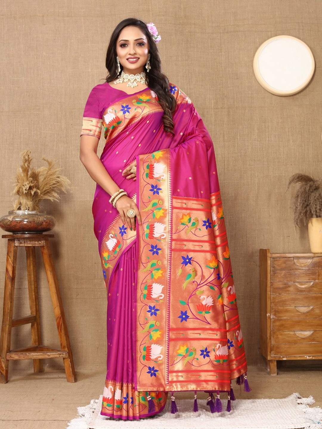 

Divyadham Textiles Ethnic Motifs Zari Pure Silk Paithani Banarasi Saree, Pink