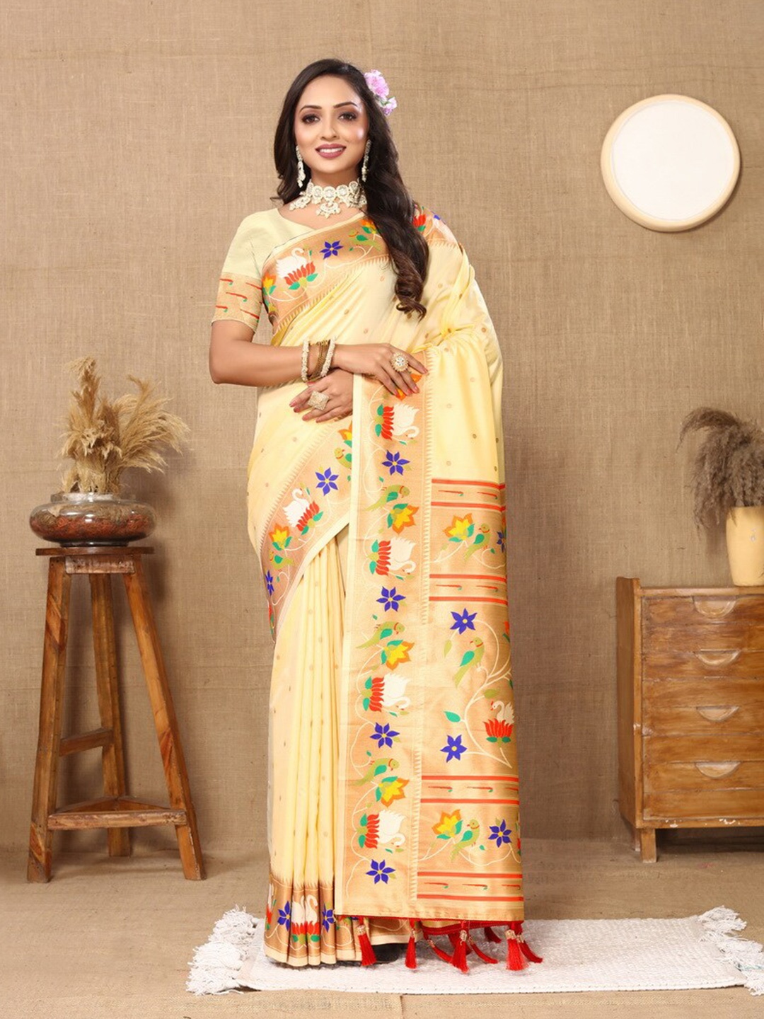 

Divyadham TextilesFloral Woven Design Zari Pure Silk Paithani Banarasi Saree, Cream