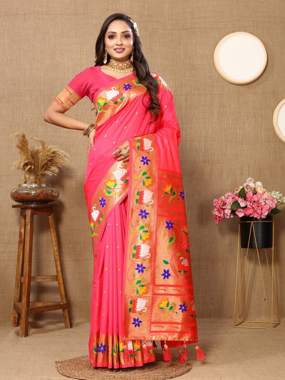 

Divyadham Textiles Ethnic Motifs Zari Pure Silk Paithani Banarasi Saree, Coral