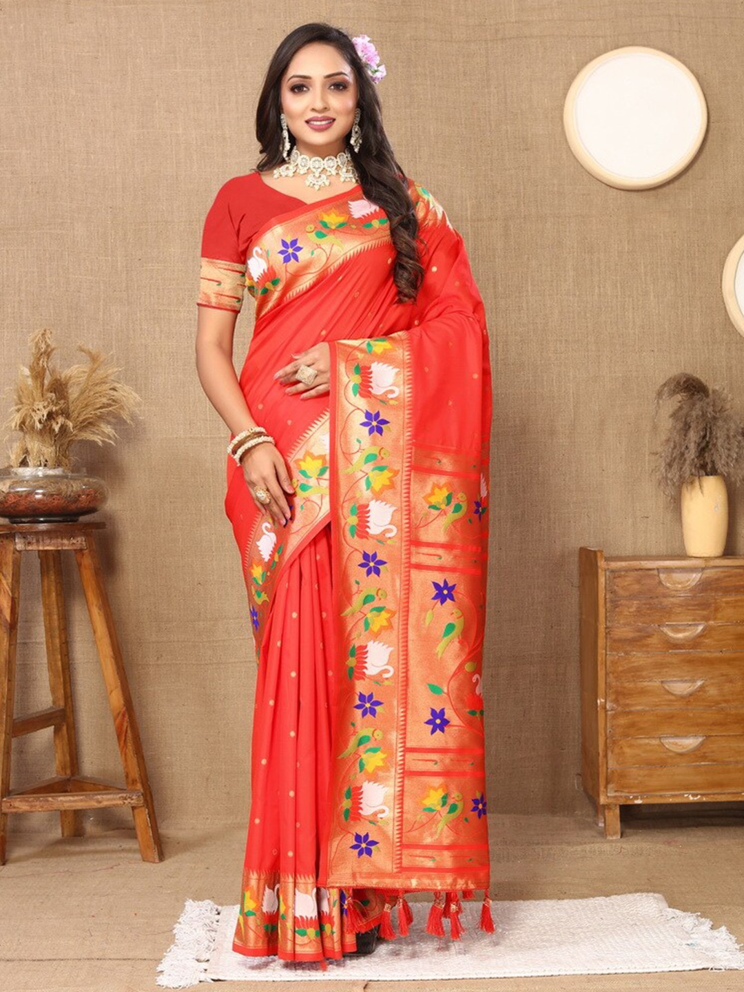 

Divyadham Textiles Ethnic Motifs Woven Design Zari Pure Silk Paithani Banarasi Saree, Red