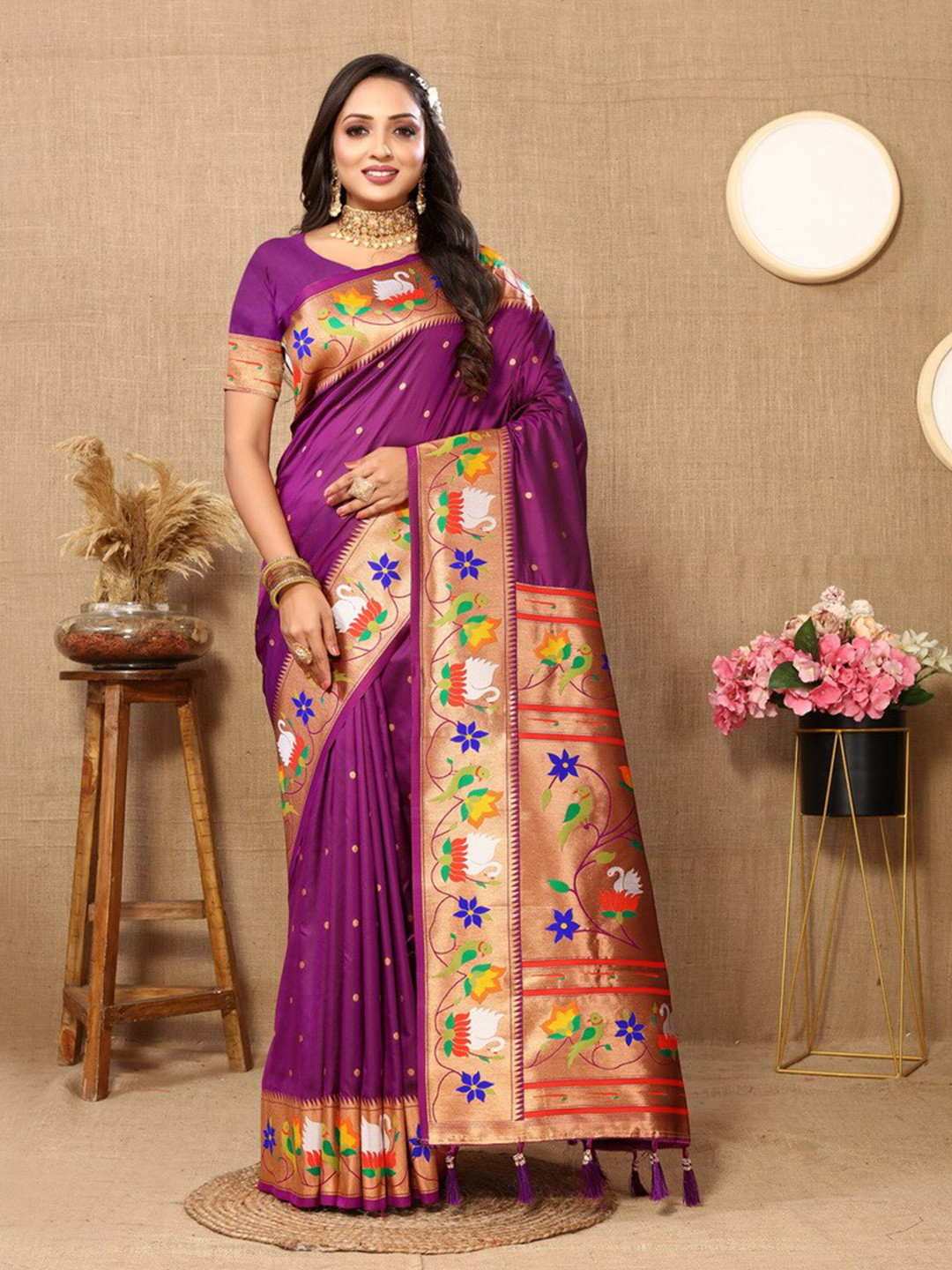 

Divyadham Textiles Ethnic Motifs Woven Design Zari Pure Silk Paithani Banarasi Saree, Purple