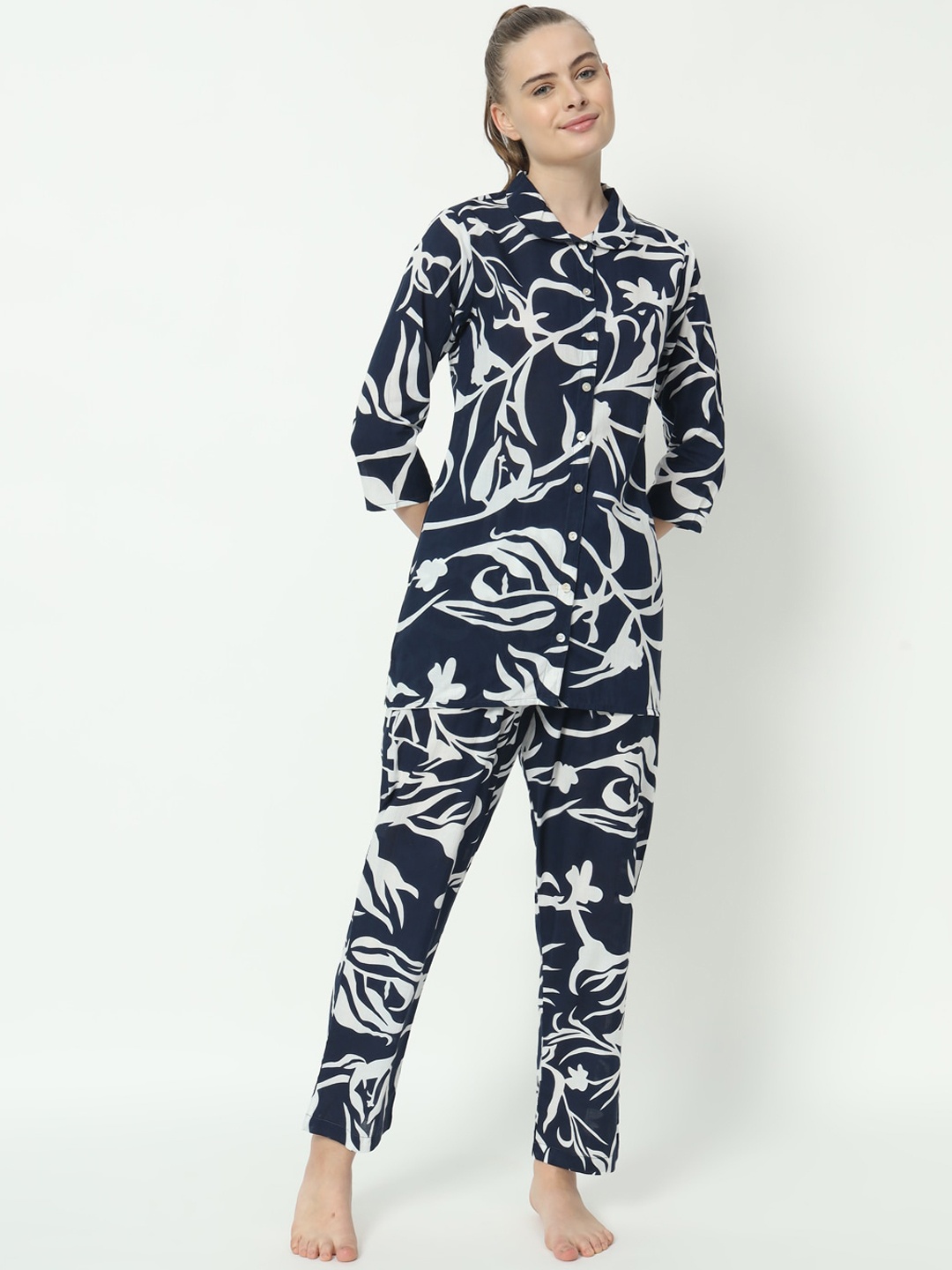 

Bachuu Printed Pure Cotton Shirt & Trousers Night suit, Navy blue