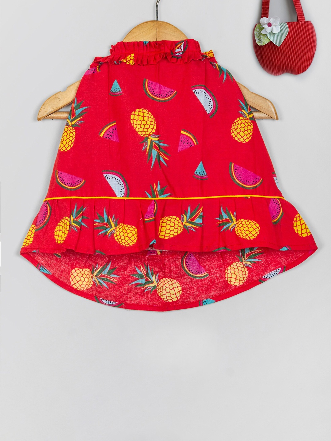 

Tangerine Closet Girls Fruit printed Halter Neck Cotton A-Line Top, Red