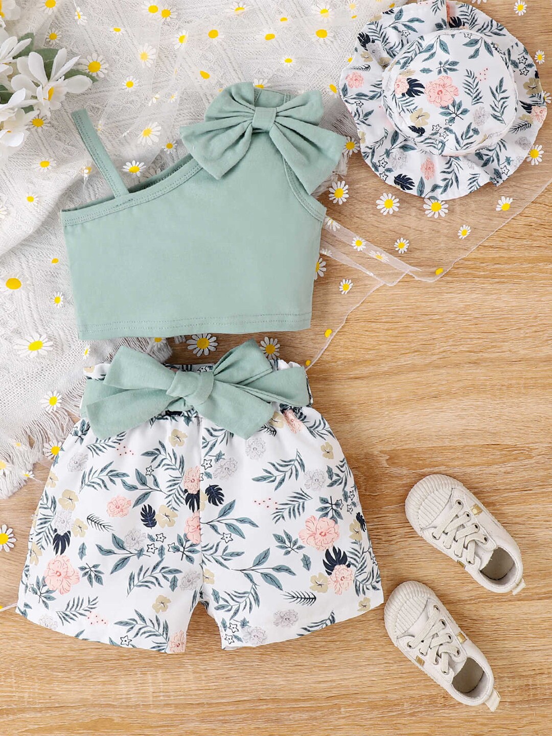 

Bold N Elegant Girls One Shoulder Top With Shorts & Hat, Sea green