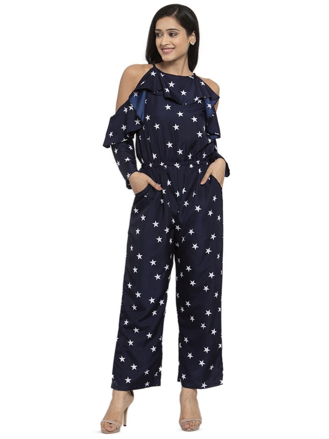 

Karmic Vision Printed Cold-Shoulder Jumpsuit, Navy blue
