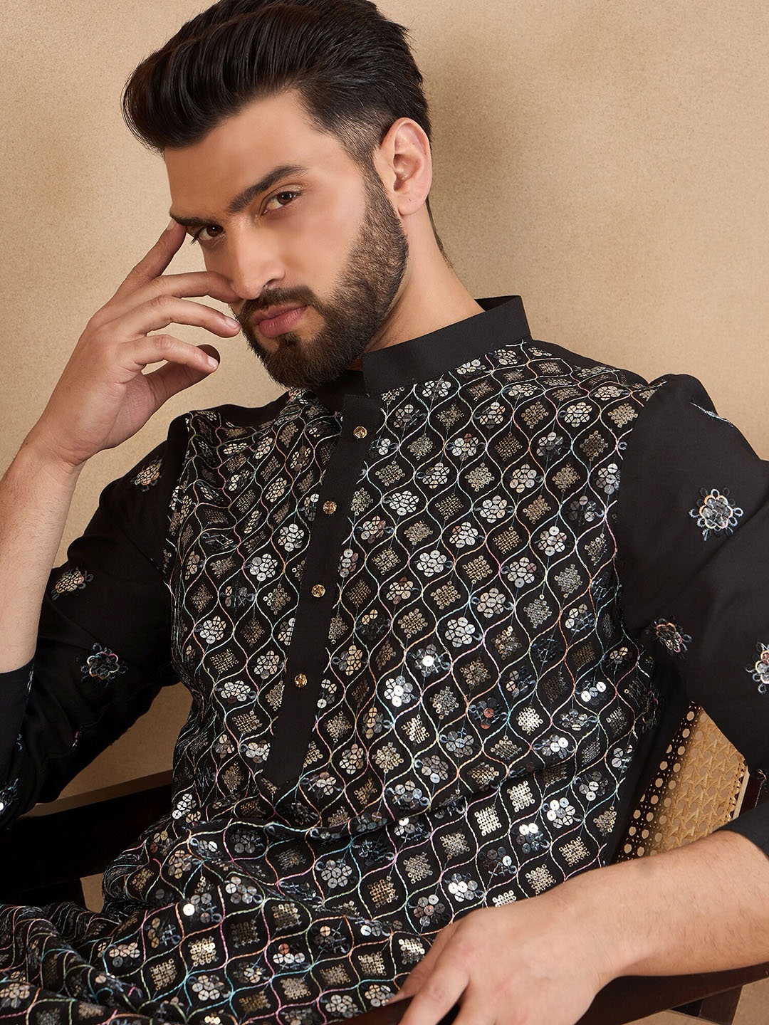

House of Pataudi Sequence Embroidered Mandarin Collar Kurtas, Black