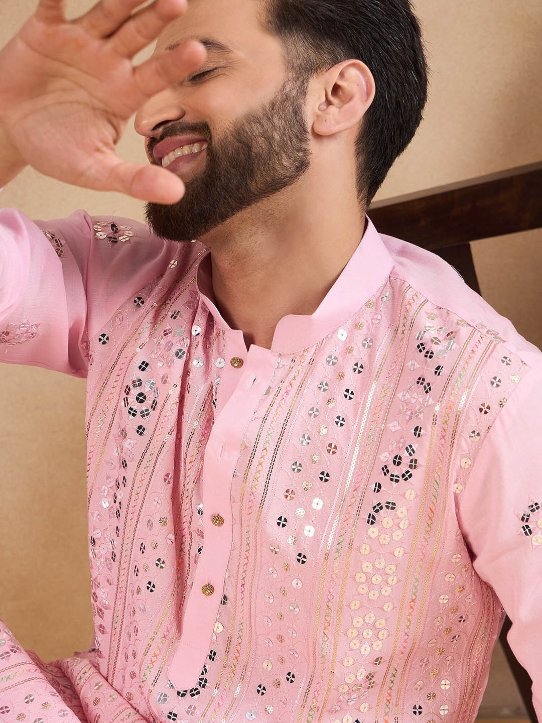 

House of Pataudi Embroidered Mandarin Collar Straight Kurta, Pink