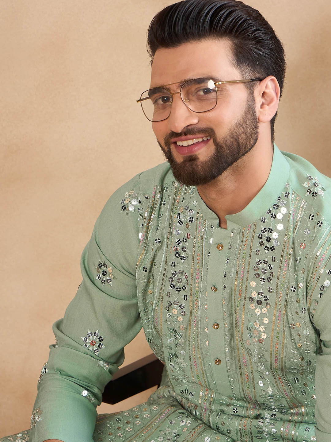 

House of Pataudi Embroidered Mandarin Collar Straight Kurta, Sea green