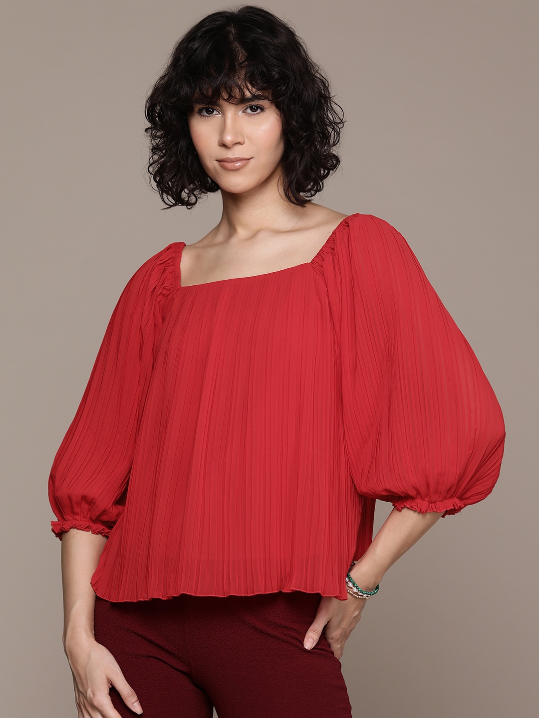 

Label Ritu Kumar Puff Sleeve Georgette Top, Red