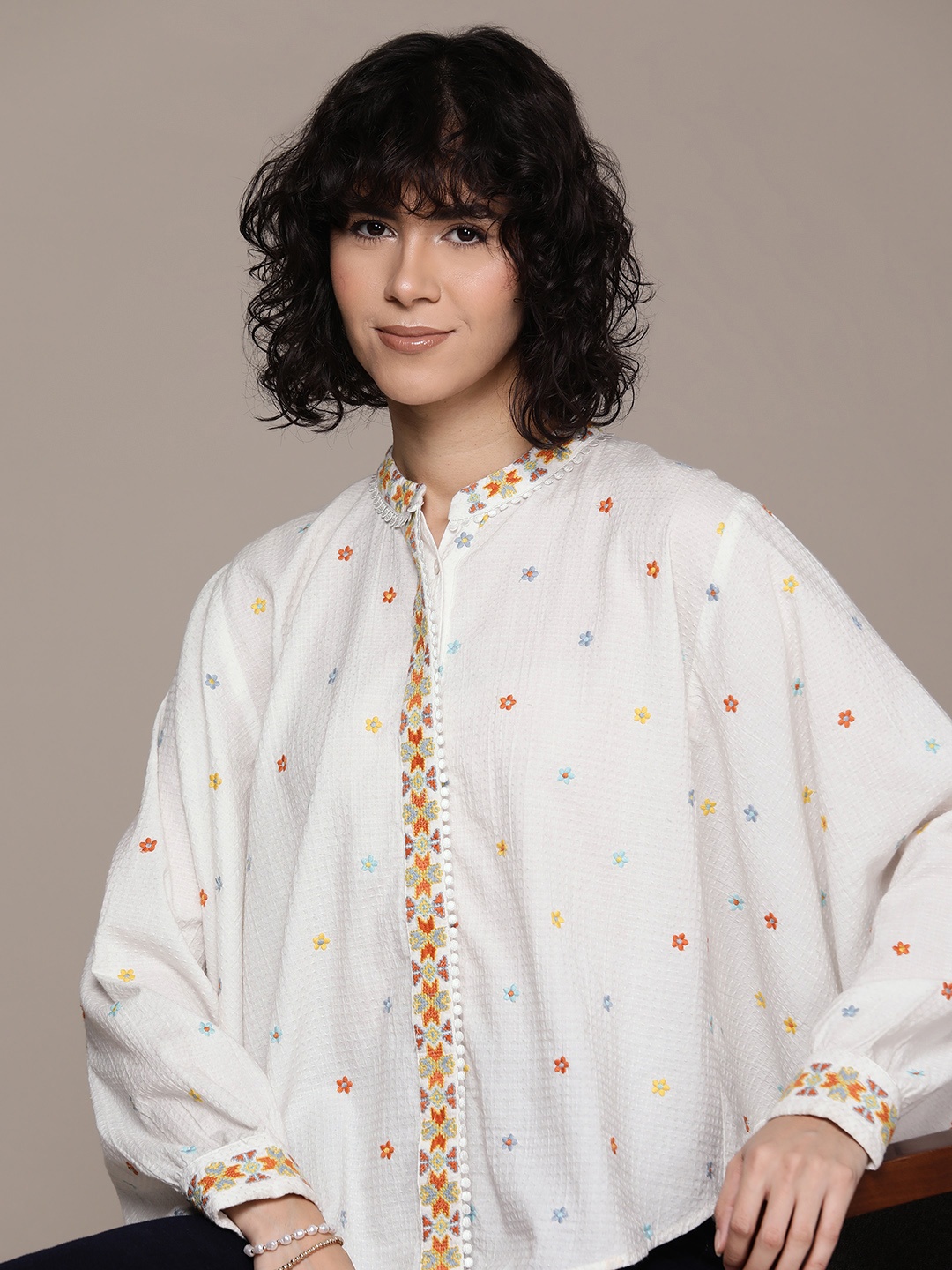 

Label Ritu Kumar Women Floral Embroidered Opaque Cotton Casual Shirt, White