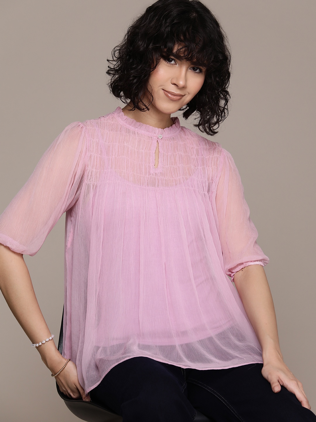 

Label Ritu Kumar Solid Chiffon Top with Camisole, Lavender