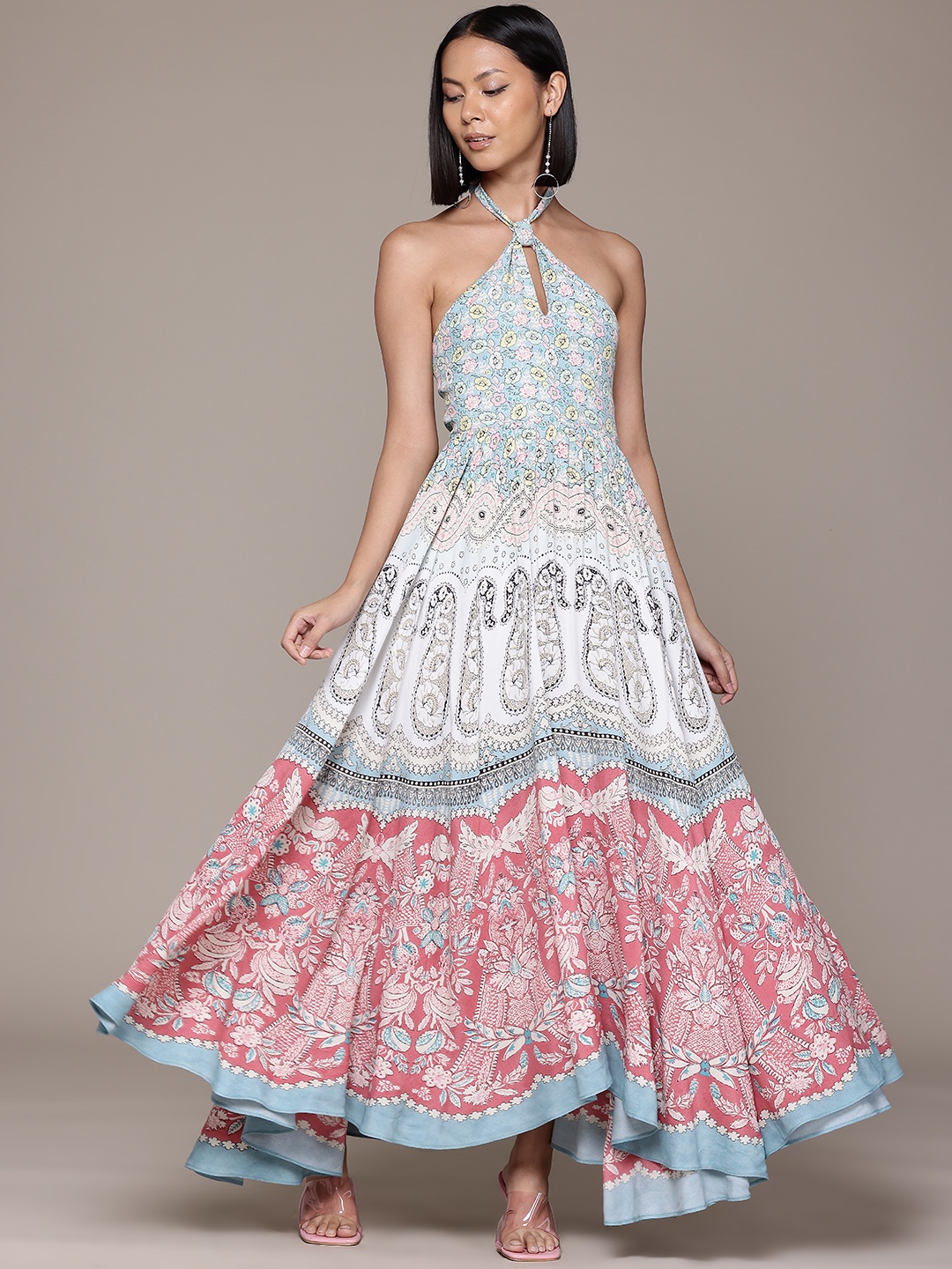 

Label Ritu Kumar Floral Print Halter Neck Crepe A-Line Maxi Dress, White
