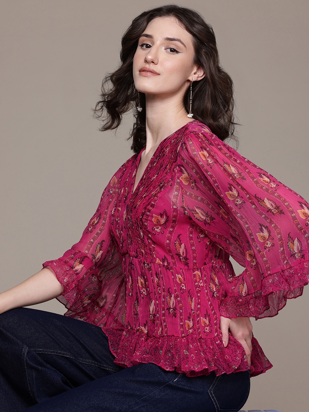 

Label Ritu Kumar Print Flared Sleeve Chiffon Peplum Top, Pink