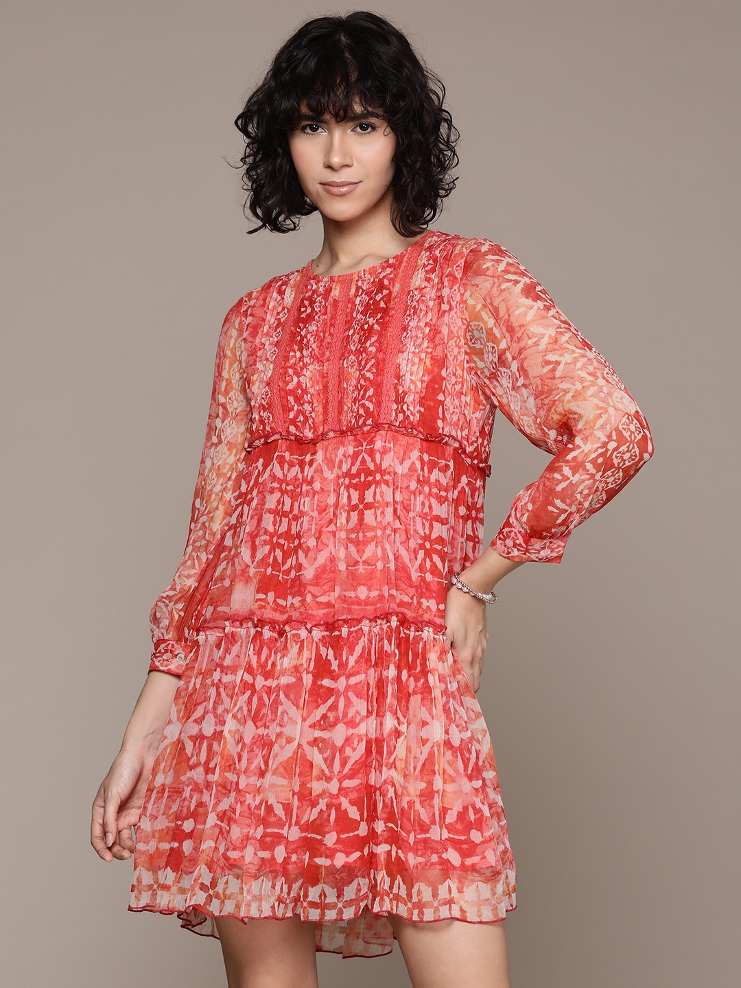 

Label Ritu Kumar Ethnic Motifs Print Puff Sleeve Chiffon A-Line Mini Dress, Coral