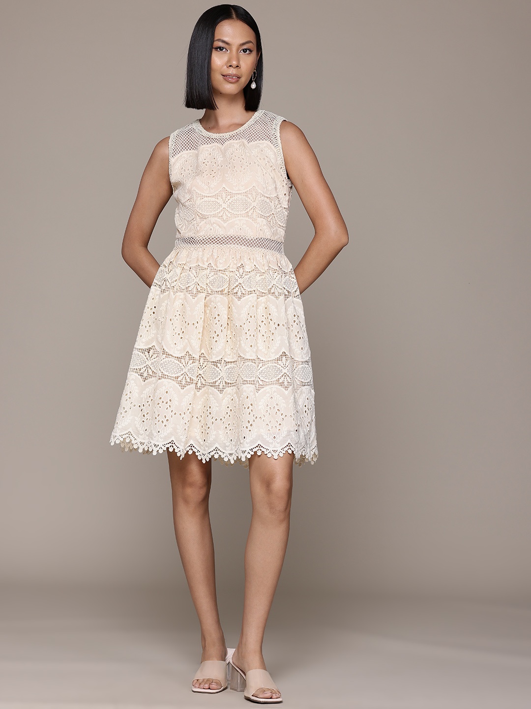 

Label Ritu Kumar Floral Embroidered Lace A-Line Dress, Cream