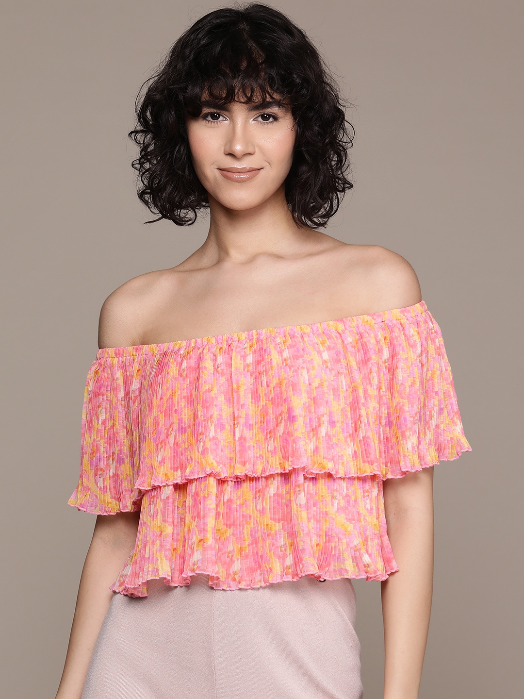 

Label Ritu Kumar Print Off-Shoulder Cape Sleeve Layered Chiffon Top, Pink