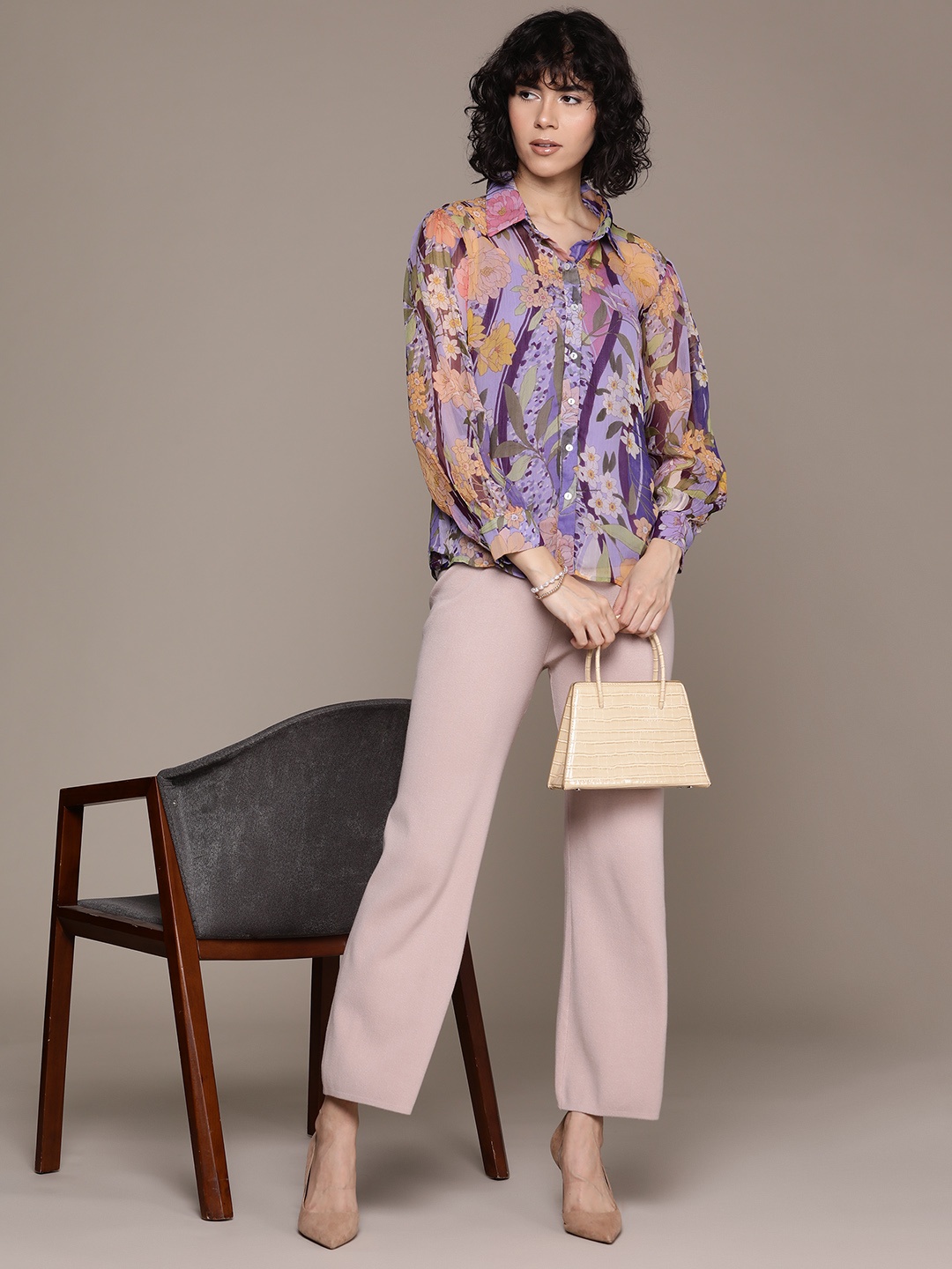 

Label Ritu Kumar Women Floral Printed Casual Shirt with Camisole, Purple