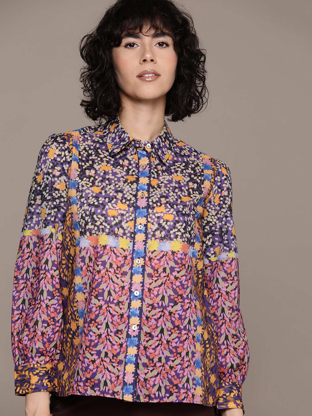 

Label Ritu Kumar Women Floral Printed Cotton Casual Shirt, Purple