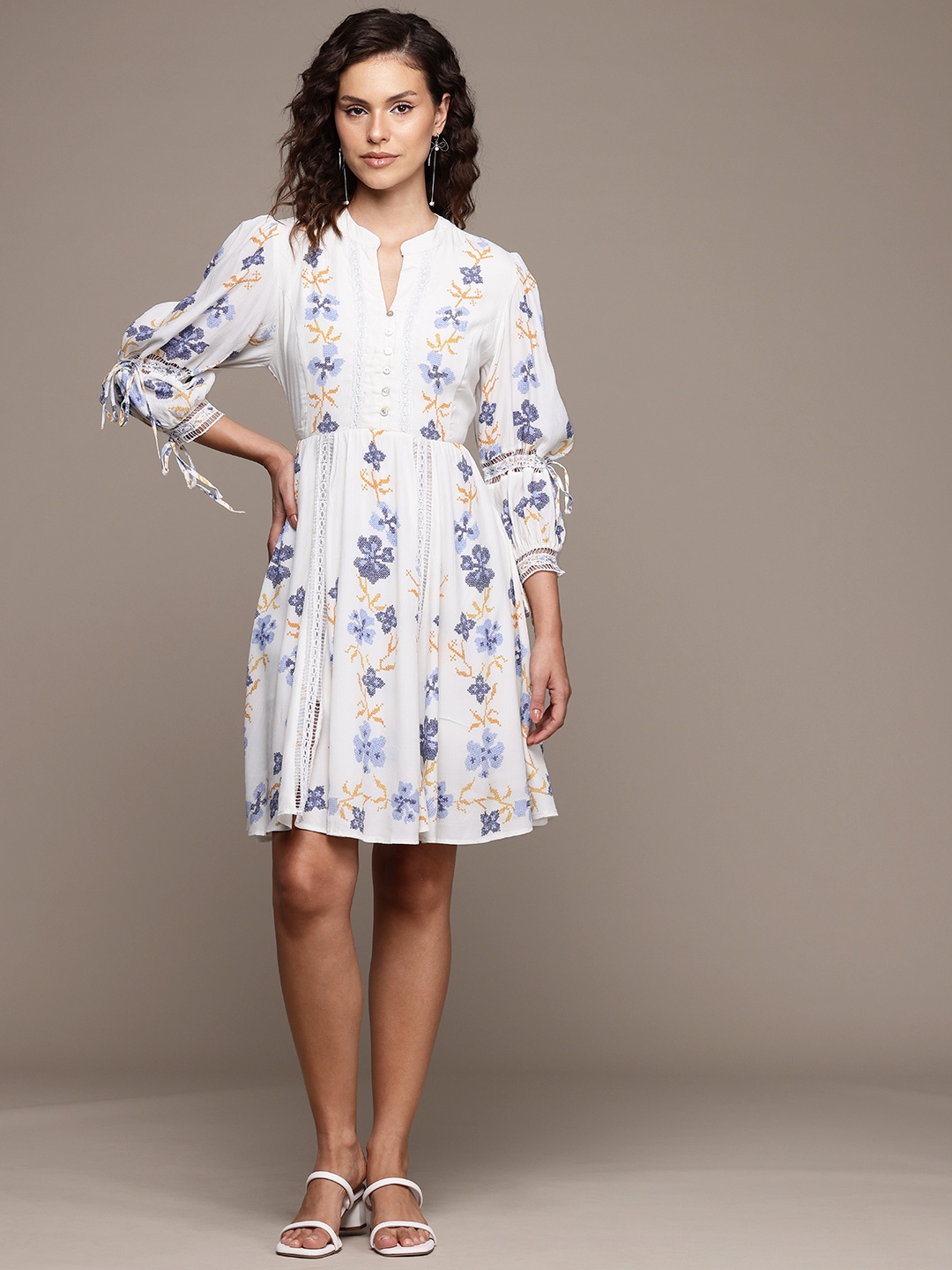 

Label Ritu Kumar Print Puff Sleeves Crepe A-Line Dress, White