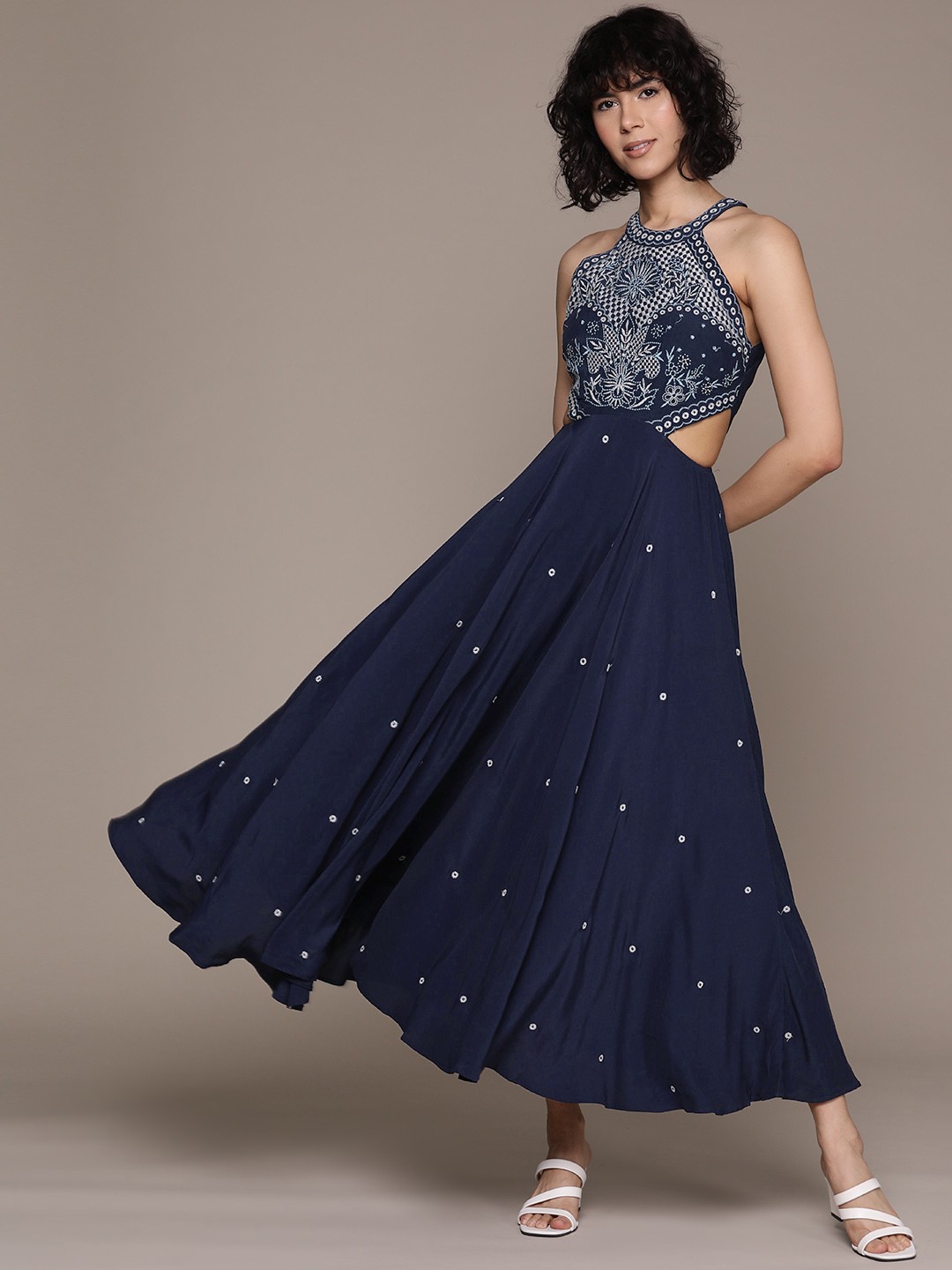 

Label Ritu Kumar Floral Embroidered Halter Neck Crepe Maxi Dress, Navy blue