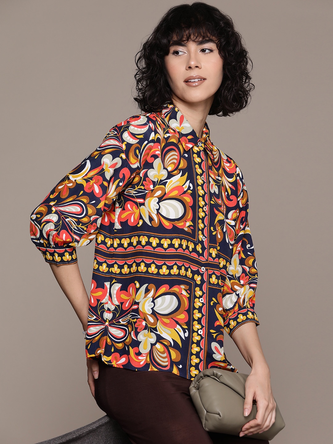 

Label Ritu Kumar Women Floral Printed Casual Shirt, Navy blue
