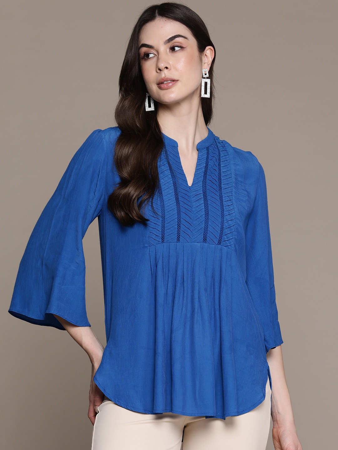 

Label Ritu Kumar Mandarin Collar Flared Sleeves Crepe Longline Top, Blue