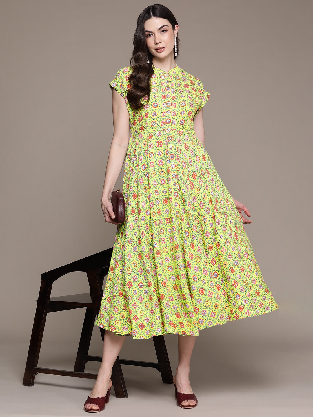 

Label Ritu Kumar Floral Print Mandarin Collar Crepe A-Line Midi Dress, Yellow