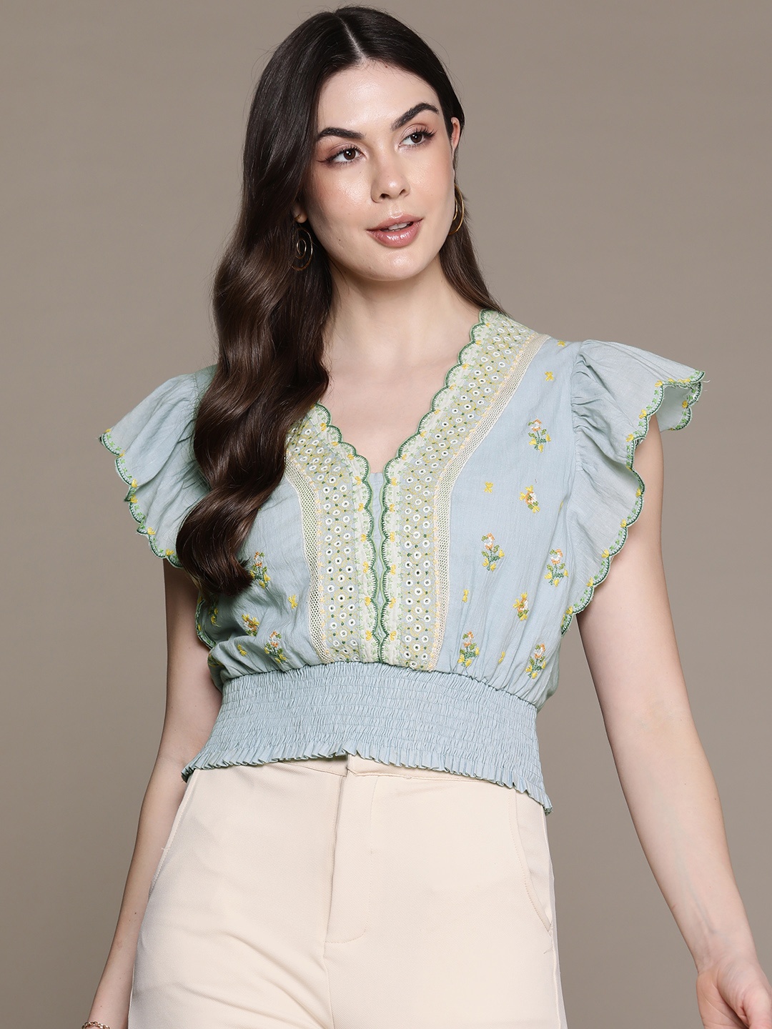 

Label Ritu Kumar Floral Embroidered Flutter Sleeves Cotton Crop Top, Blue