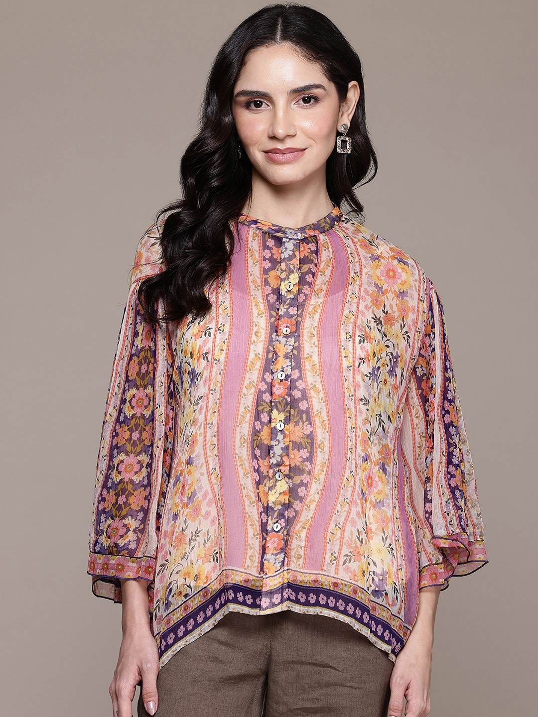 

Label Ritu Kumar Floral Print Mandarin Collar Flared Sleeves Chiffon Shirt Style Top, Off white