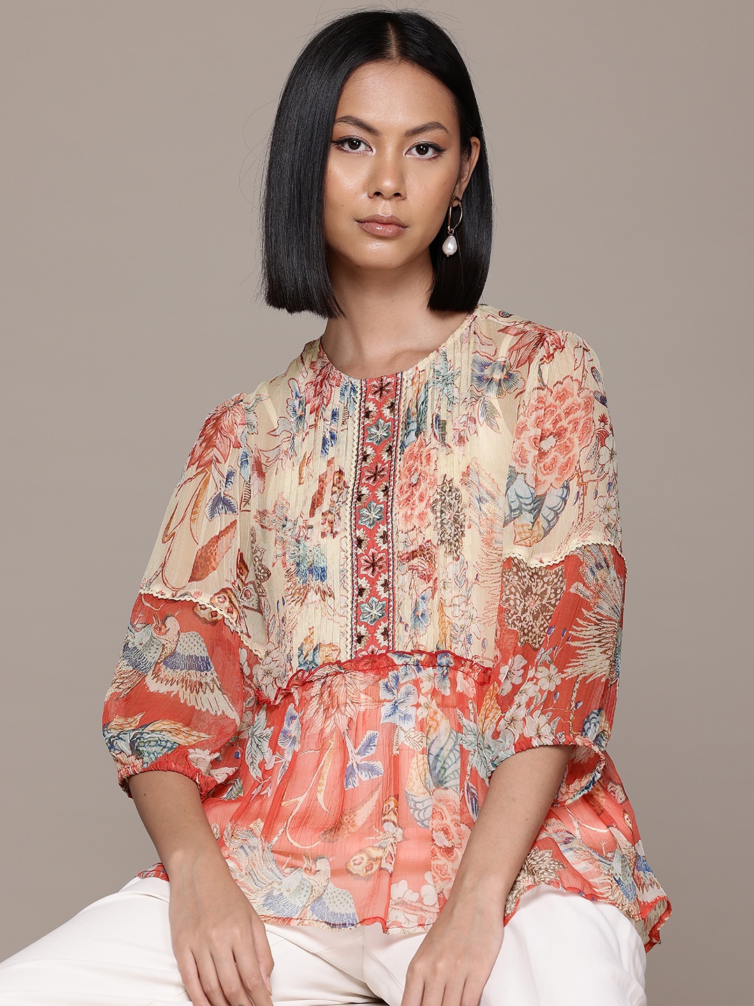 

Label Ritu Kumar Floral Print Puff Sleeves Chiffon Peplum Longline Top, Off white