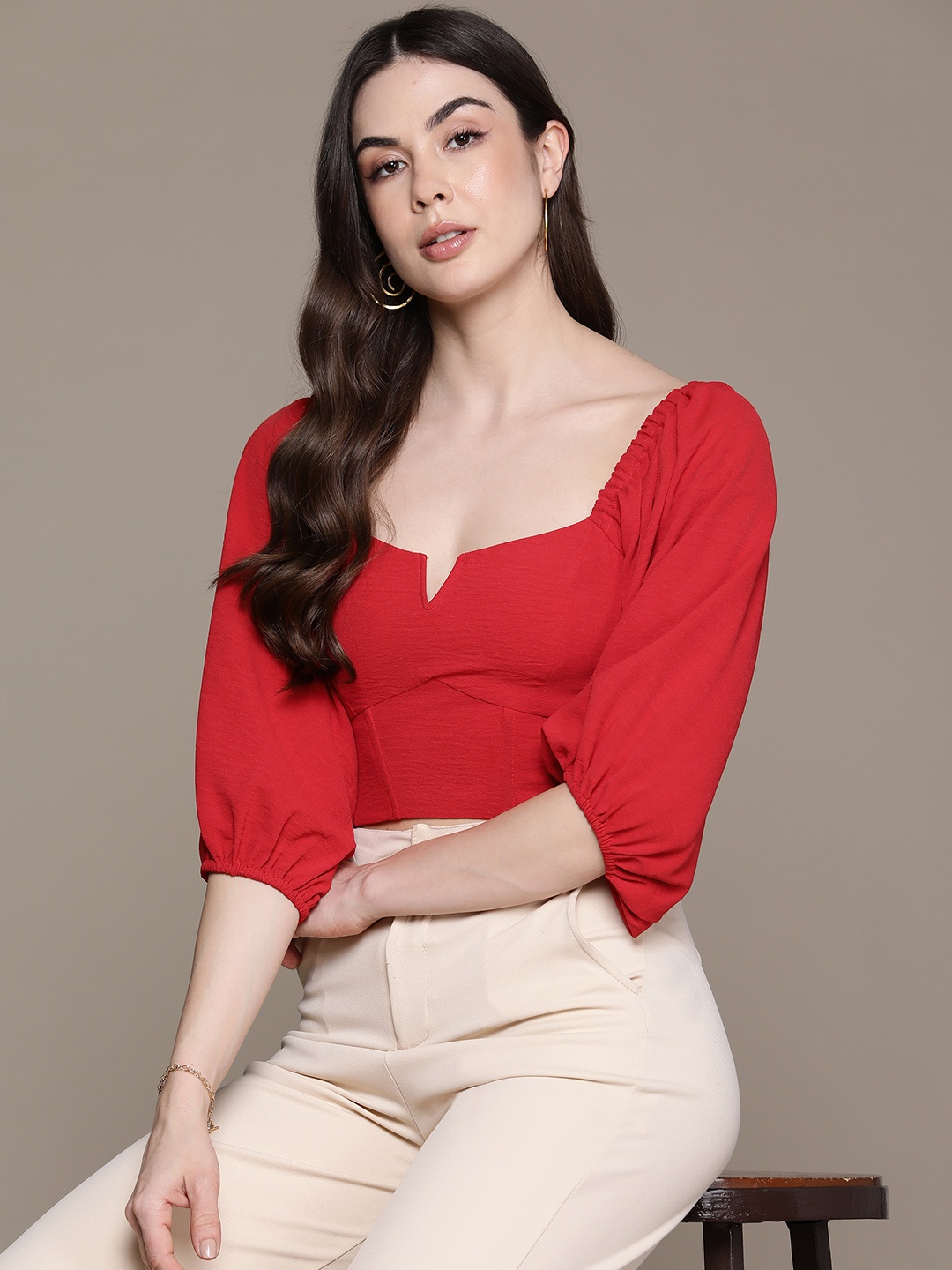 

Label Ritu Kumar Puff Sleeves Crepe Crop Top, Red