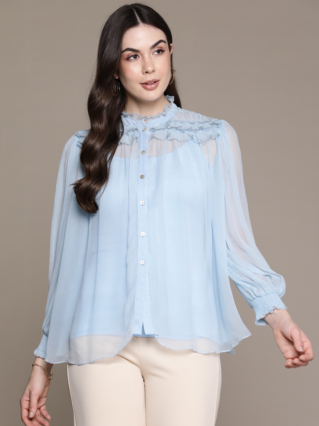 

Label Ritu Kumar Bishop Sleeves Ruffles Chiffon Top, Blue