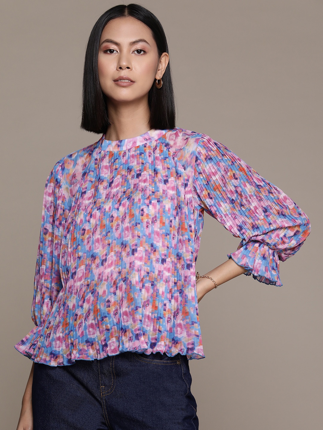 

Label Ritu Kumar Print Mandarin Collar Puff Sleeves Accordion Pleats Chiffon Top, Blue