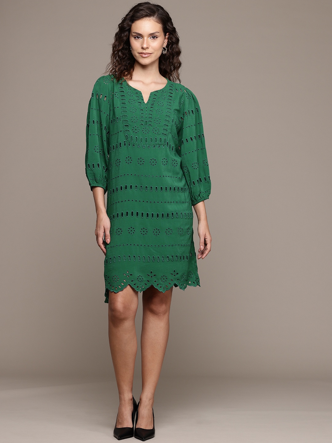 

Label Ritu Kumar Puff Sleeves Schiffli A-Line Dress, Green