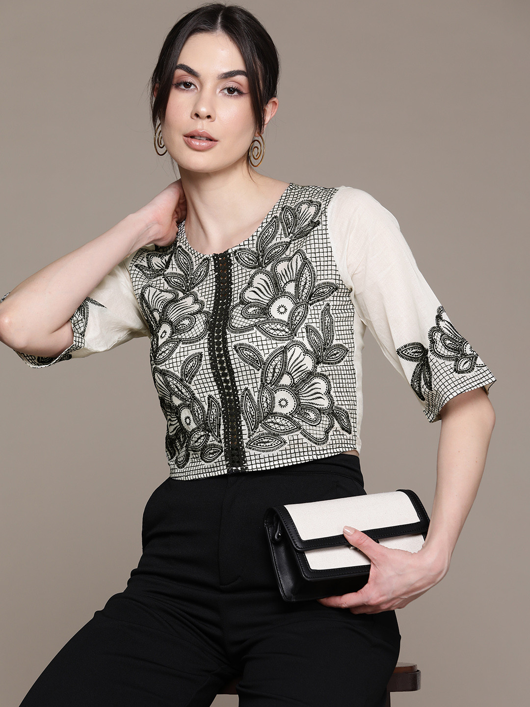 

Label Ritu Kumar Floral Embroidered Cotton Crop Top, White