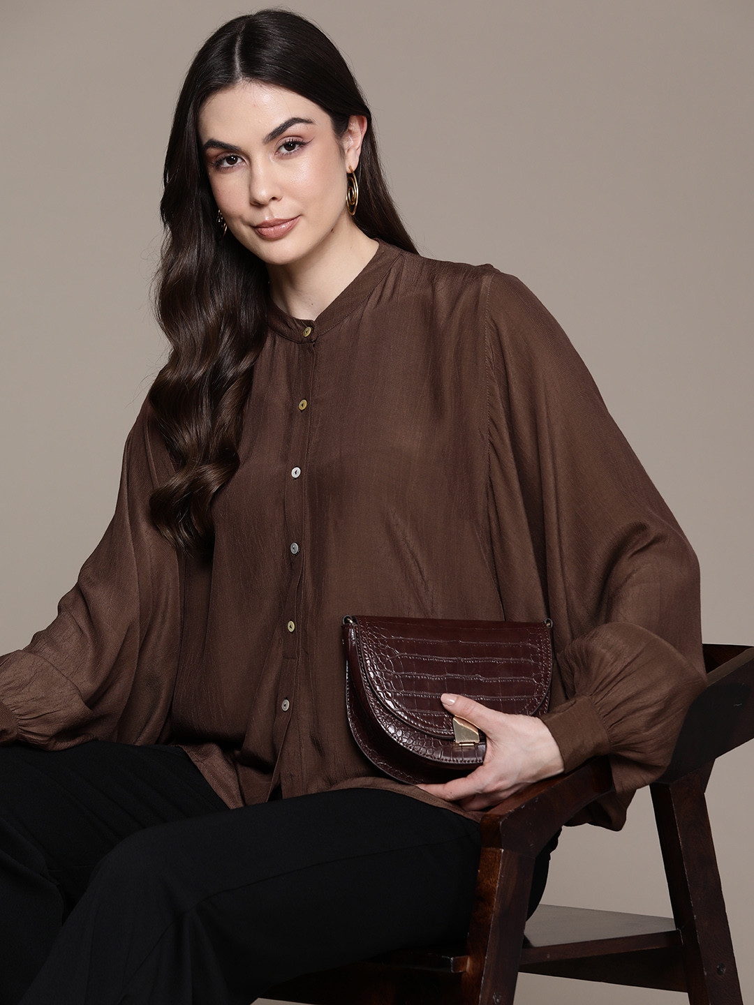 

Label Ritu Kumar Mandarin Collar Batwing Sleeves Crepe Shirt Style Top, Brown