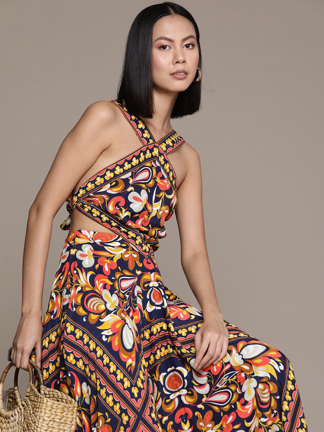 

Label Ritu Kumar Floral Print Halter Neck Crepe A-Line Maxi Dress, Navy blue