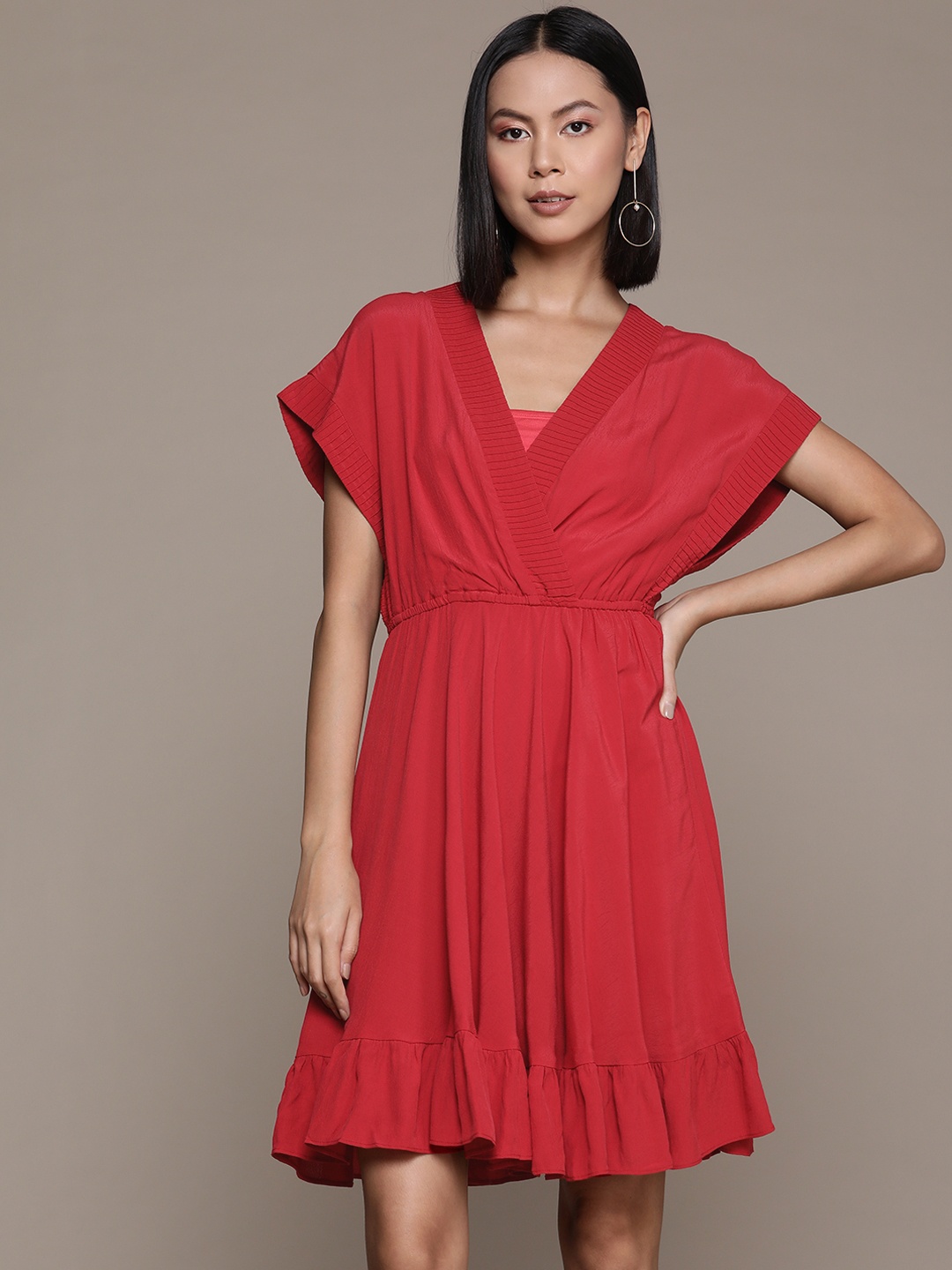 

Label Ritu Kumar Kimono Sleeves Tiered Chiffon Dress, Red