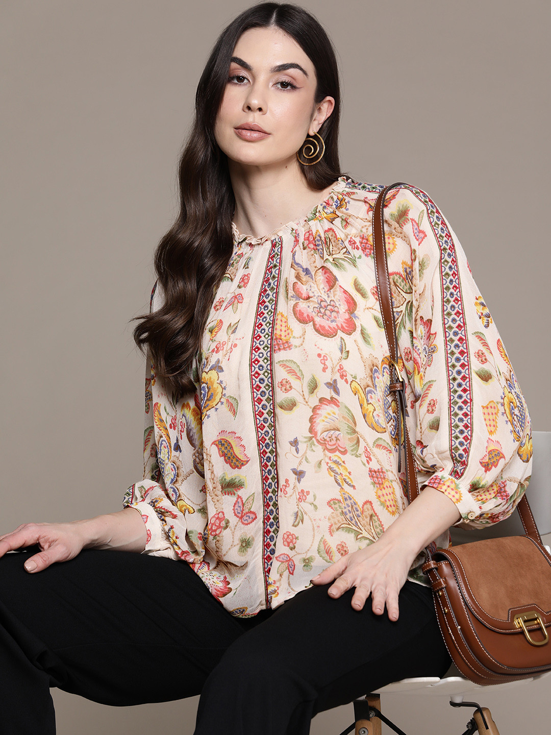 

Label Ritu Kumar Floral Print Puff Sleeves Georgette Top, White