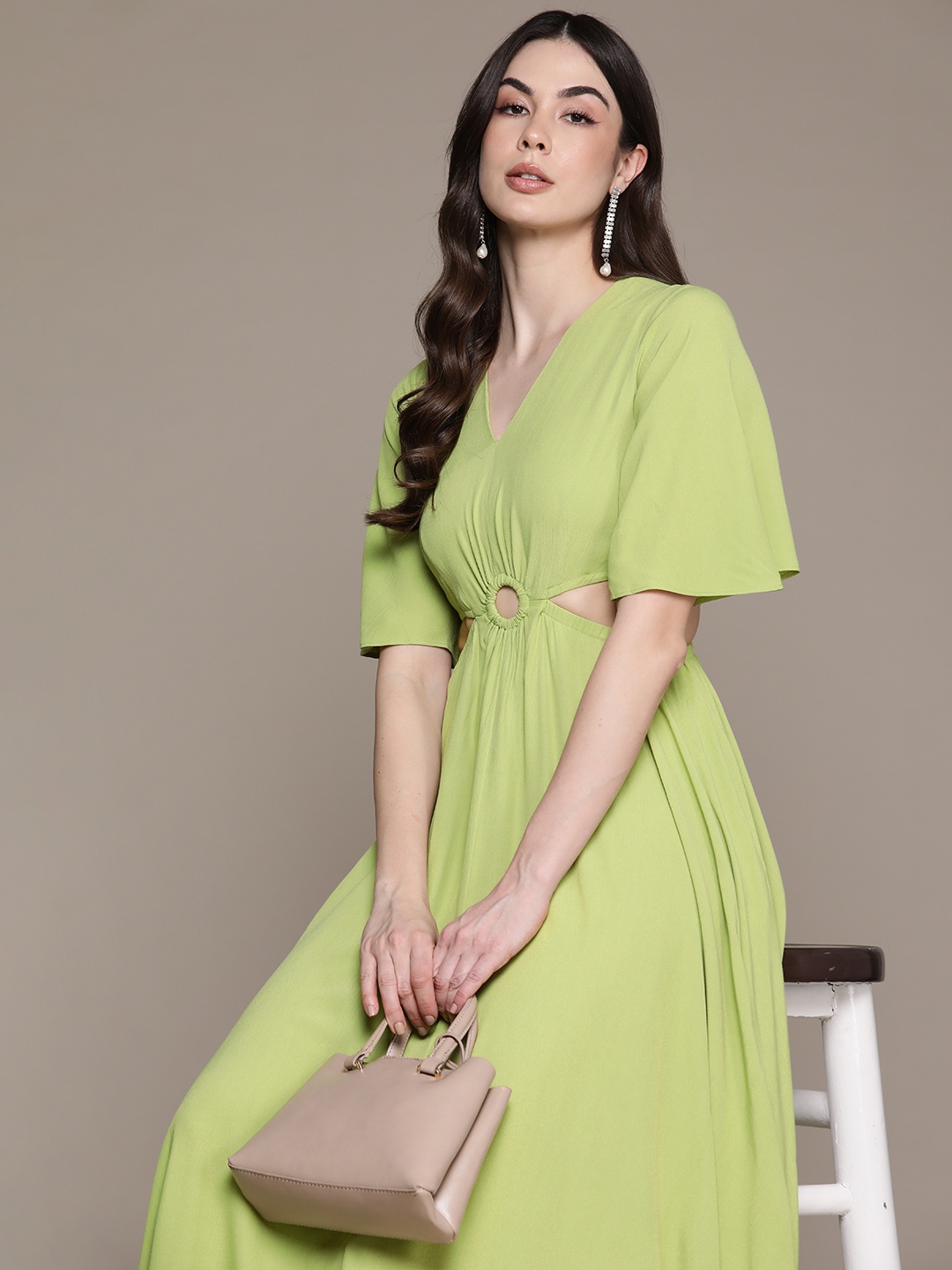 

Label Ritu Kumar Flared Sleeves Crepe Fit & Flare Midi Dress, Green