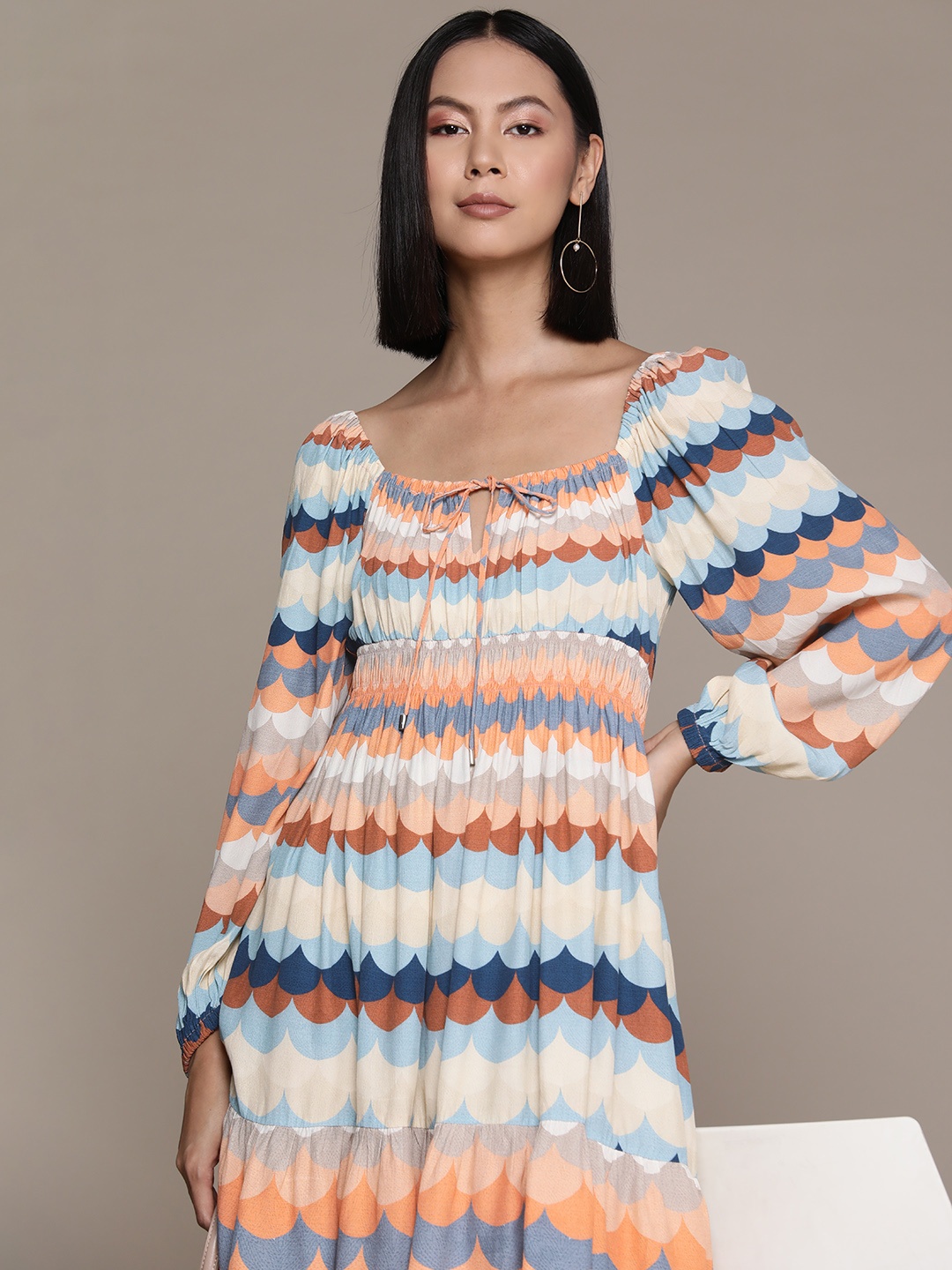 

Label Ritu Kumar Print Tie-Up Neck Bishop Sleeves Crepe A-Line Dress, Orange