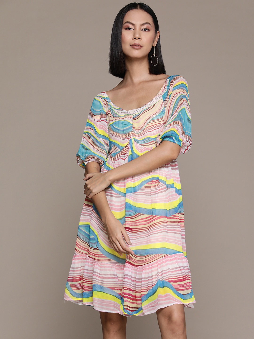 

Label Ritu Kumar Print Puff Sleeves Georgette A-Line Dress, Multi