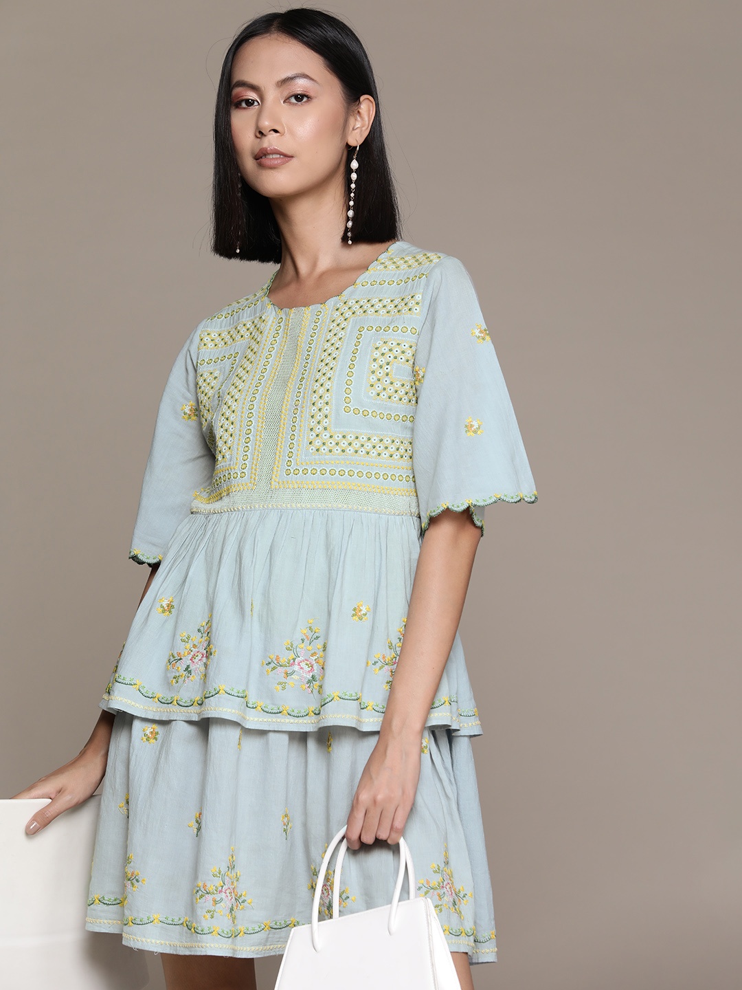 

Label Ritu Kumar Floral Embroidered Flared Sleeves Layered A-Line Dress, Blue