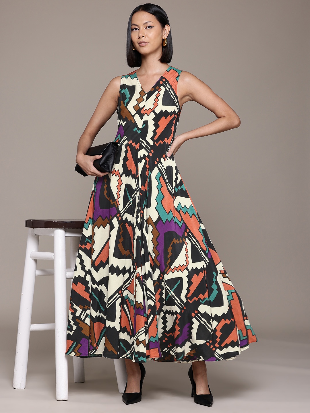 

Label Ritu Kumar Print Crepe A-Line Maxi Dress, Black