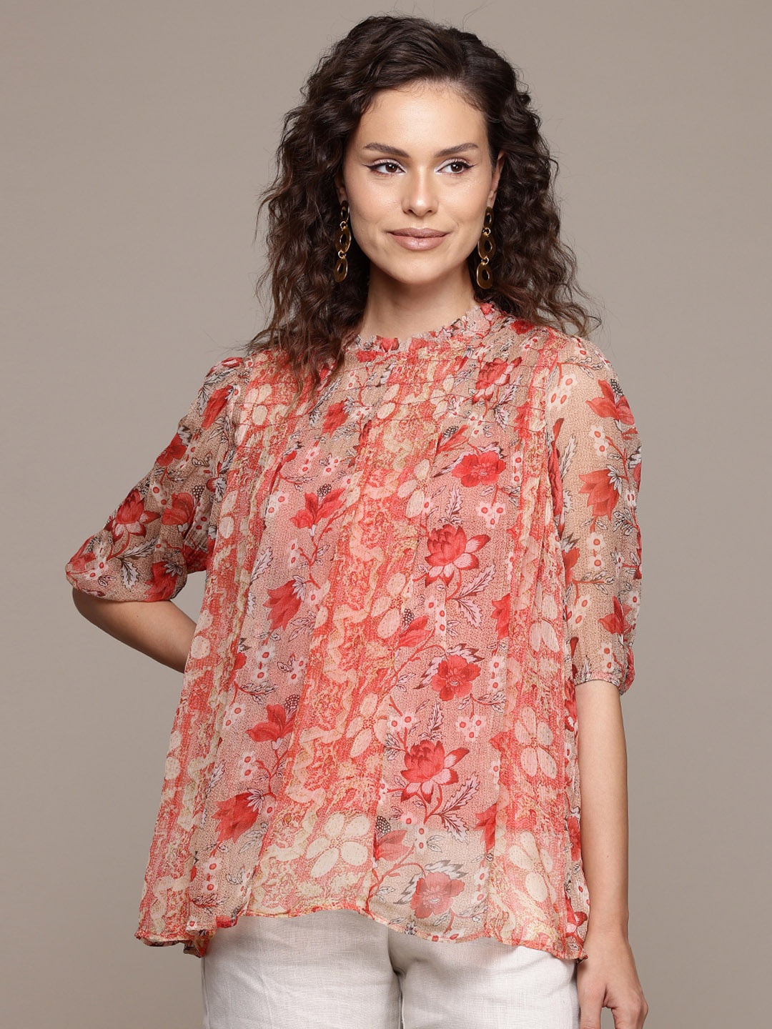 

Label Ritu Kumar Floral Print Chiffon Top, Red
