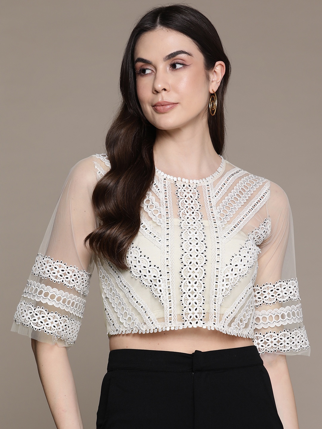 

Label Ritu Kumar Floral Flared Sleeves Net Crop Top, White