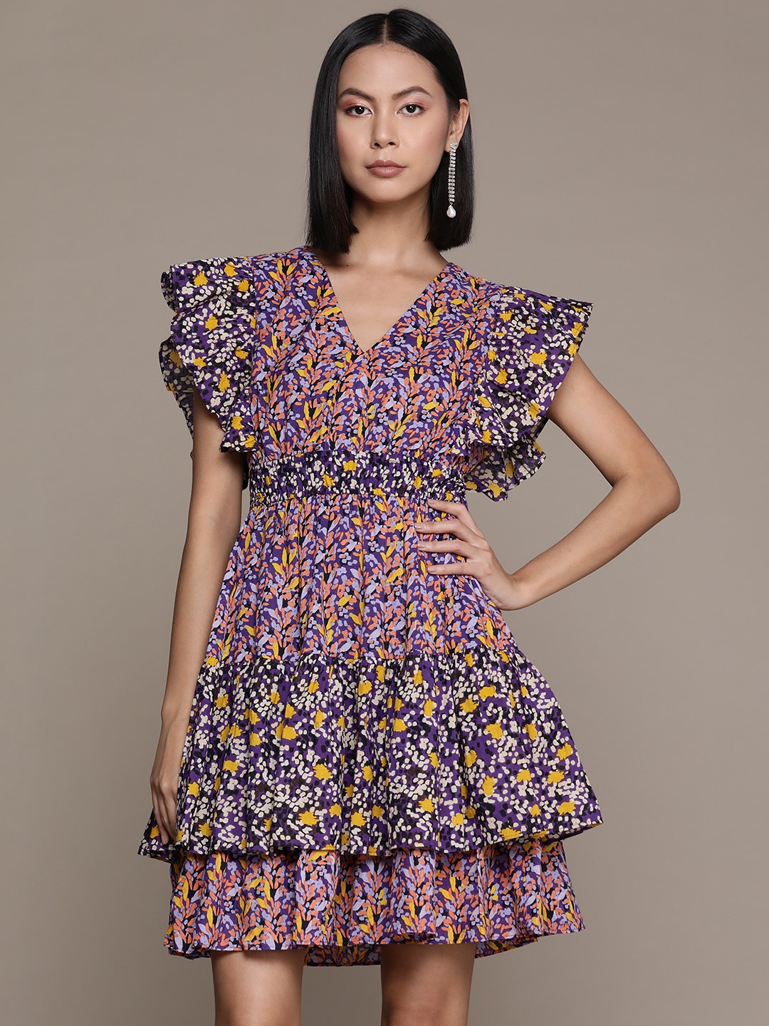 

Label Ritu Kumar Print Flutter Sleeves Layered Fit & Flare Dress, Purple